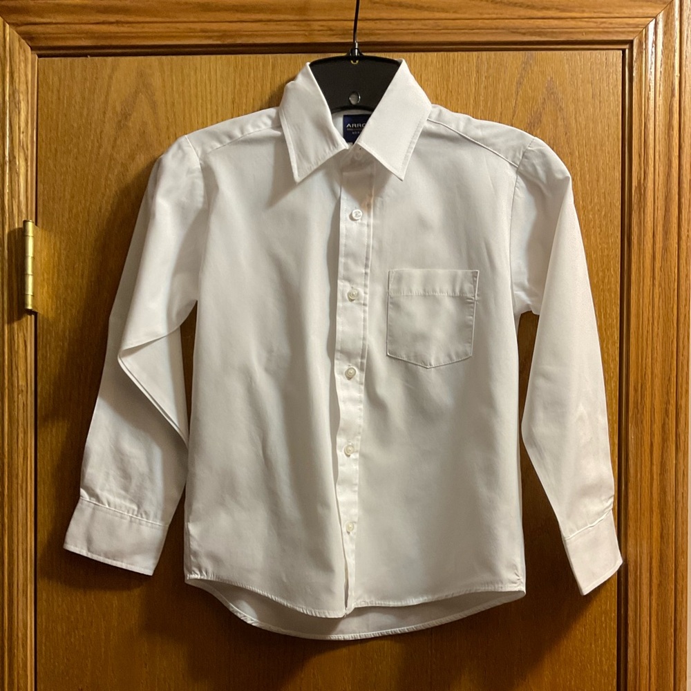 Arrow Kids White Button Down Long Sleeve Shirt with Extra Buttons.